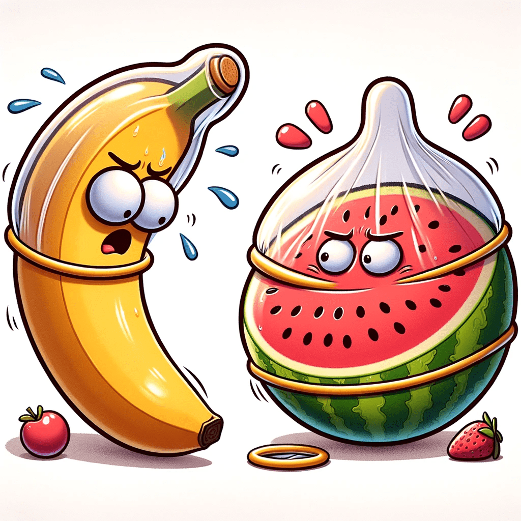 DALL·E 2024 01 15 18.10.27 A playful cartoon depicting the concept of condom fit using fruits. The scene includes two parts one showing a condom being too loose on a banana dr 2025