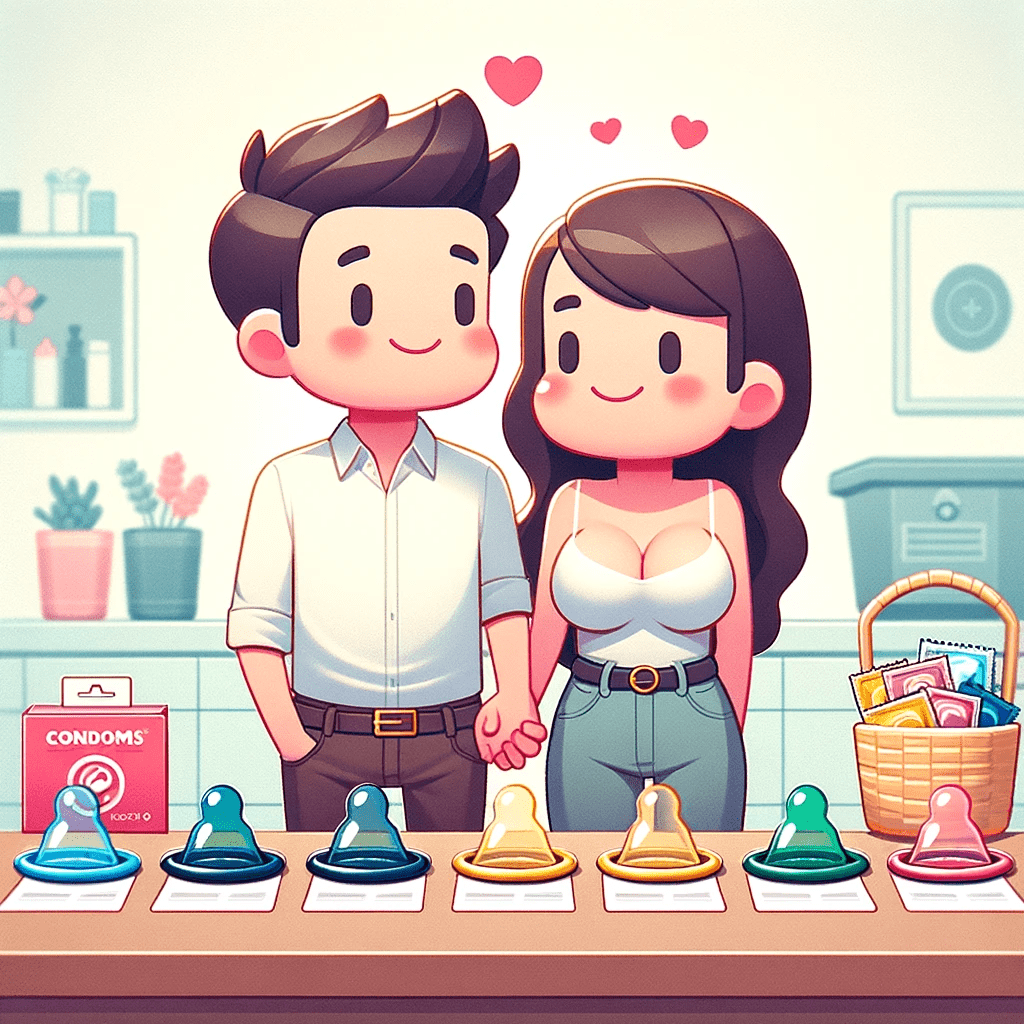 DALL·E 2024 01 15 18.14.03 A playful and positive image showing a cartoon couple standing together with a selection of various condoms displayed in front of them. The couple is 2025