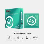 CARE 46 2 CARE 46 Minty Dots condoms packaging. Features peppermint fragrance, stimulating dots, 52mm size, and 600mg lubricant. Made in Malaysia.