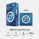 CARE 27 1 CARE 27 Long Time Love Condom – Extra thick (0.08mm) vanilla-scented condom with 800mg of premium lubrication, 52mm width. Packaging and individual condom wrapper shown. Designed for prolonged pleasure and comfort.