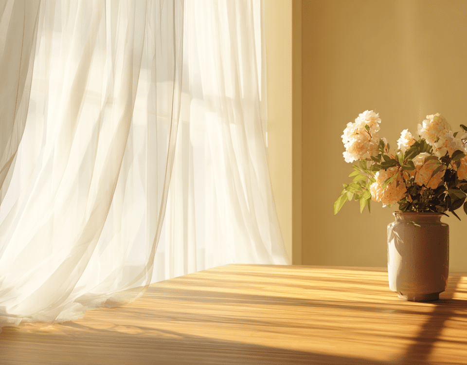 Why Self-Pleasure Deserves a Place in Your Wellness Routine 18 soft yellow sunlight streaming through sheer curtains onto a wooden table with flowers in a vase, symbolizing calm and self-pleasure as wellness