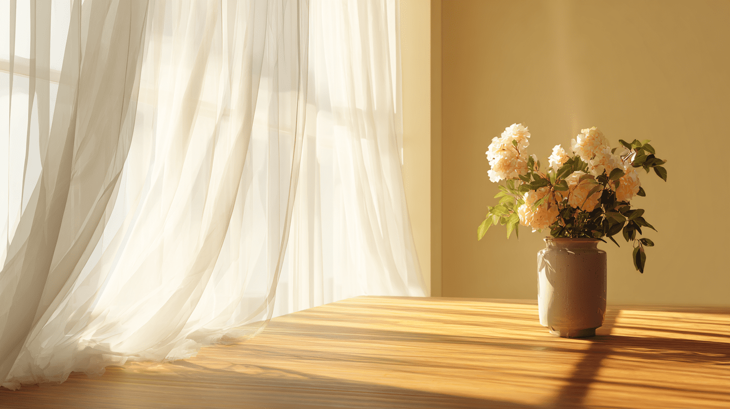 soft yellow sunlight streaming through sheer curtains onto a wooden table with flowers in a vase, symbolizing calm and self-pleasure as wellness
