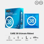 CARE 38 1 CARE 38 Ultimate Ribbed Condoms – Premium quality lubricated condoms with a 52mm size, ribbed texture, and 600mg lubrication. Infused with a pleasant vanilla fragrance, designed to enhance sensation and provide a unique, pleasurable experience. 3pcs per pack