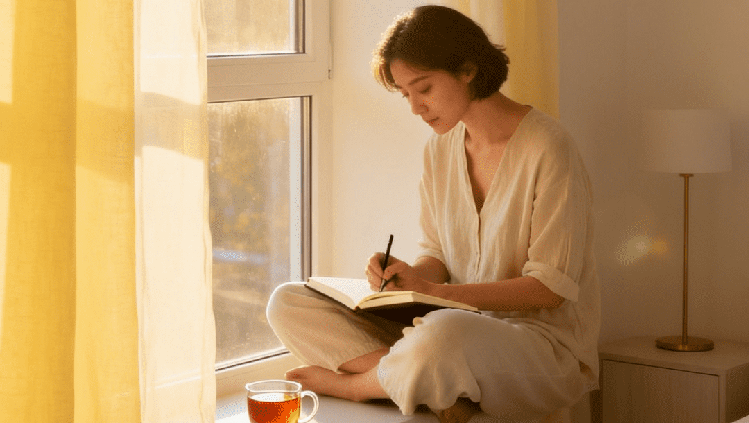 woman sitting on bed in soft yellow morning light, calm expression, symbolizing self-pleasure as wellness and self-care